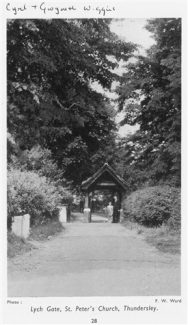 A young Gwyneth taking flowers to her mother's grave, with her father, Cyril Wiggins | FW Ward from the 1946 Benfleet Official Handbook