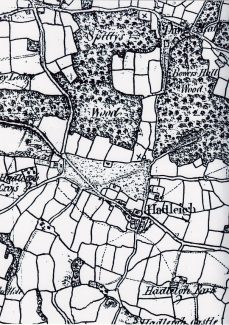 Map from 1795 showing the 21 acres of Gt. Nashes farm (top x). Also indicated is location of Stockwoods (now Sayers) Farm (lower left x). | Sandra Harvey (from Strangman Family article)