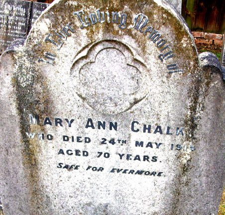 Headstone for Mary Ann Chalk (b.1844, d.1914). Both can be found in the Peculiar People's cemetery off Western Road, Daws Heath. Headstone for Mary Ann Chalk (b.1844, d.1914). Both can be found in the Peculiar People's cemetery off Western Road, Daws Heath. | Gill and Colin Blackall