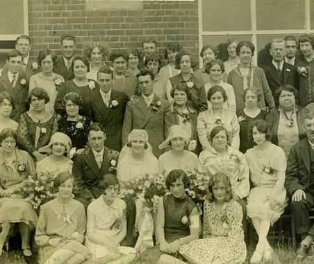 Wedding of Ben Chalk and Rose Johnson, 12 June, 1929. Back row 2nd and 3rd from left Herbert John (Jim) and Eileen Chalk. Henry George (Harry) Chalk 3rd row from back in dark suit behind groom. Herbert Angelo and wife Alice Jane seated, 2nd row, left - parents of the groom. Seated right, 2nd row, George Johnson, father of the bride and farmer of 'Hovels Farm', Fobbing. Mother of the bride Emma Johnson, 3rd from right, 2nd row. Wedding of Ben Chalk and Rose Johnson, 12 June, 1929. Back row 2nd and 3rd from left Herbert John (Jim) and Eileen Chalk. Henry George (Harry) Chalk 3rd row from back in dark suit behind groom. Herbert Angelo and wife Alice Jane seated, 2nd row, left - parents of the groom. Seated right, 2nd row, George Johnson, father of the bride and farmer of 'Hovels Farm', Fobbing. Mother of the bride Emma Johnson, 3rd from right, 2nd row. | Gill and Colin Blackall