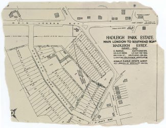 Click to open in a bigger window. The 1923 Auctioneer's plan. The parish boundary went through the porch of Victoria House | Found by Iris Smith in the loft of 25 Hadleigh Park Ave. - the bungalow with the Sequioa in its garden