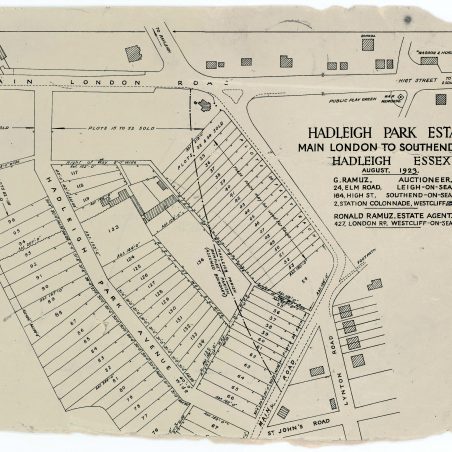 Click to open in a bigger window. The 1923 Auctioneer's plan. The parish boundary went through the porch of Victoria House Click to open in a bigger window. The 1923 Auctioneer's plan. The parish boundary went through the porch of Victoria House | Found by Iris Smith in the loft of 25 Hadleigh Park Ave. - the bungalow with the Sequioa in its garden