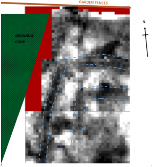 Blue Dashed Lines Mark Possible Buried Ditches Under the Salvation Army Fields